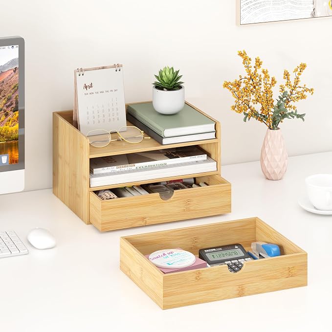 Bamboo Desk Organizer with Drawers, Desktop Storage Box for Office Supplies | 2 Drawers Desktop organizer, No Assembly Required, Natural Wood Wooden Desktop Drawers for Bills, Cosmetics, Seals, Paper