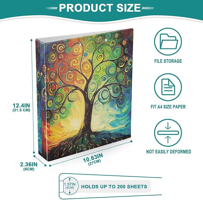 Tree of Life Round Ring Binders 1.5 Inch Rainbow Colorful 3 Ring Clipboard Binder for Office School Work Supplies File Folder 200 Sheet Capacity