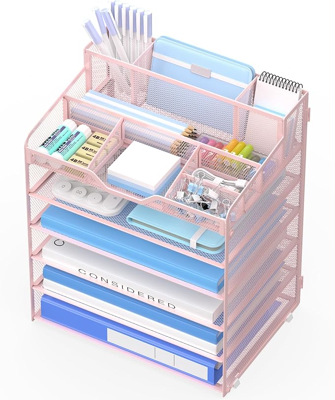 6 Tier Mesh Paper Desk Organizer with Pen Holders, Pink | Features 3 pen holders, and 5 adjustable compartments for office school home desk storage
