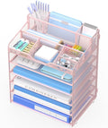 6 Tier Mesh Paper Desk Organizer with Pen Holders, Pink | Features 3 pen holders, and 5 adjustable compartments for office school home desk storage