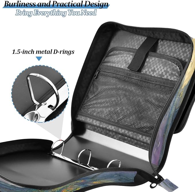 ALAZA Zipper Binder 3 Ring Peacock Moon Binder Organizer with Zipper and Shoulder Strap Large Capacity Multi-Pocket Trapper Keeper File Folder for Office Supplies