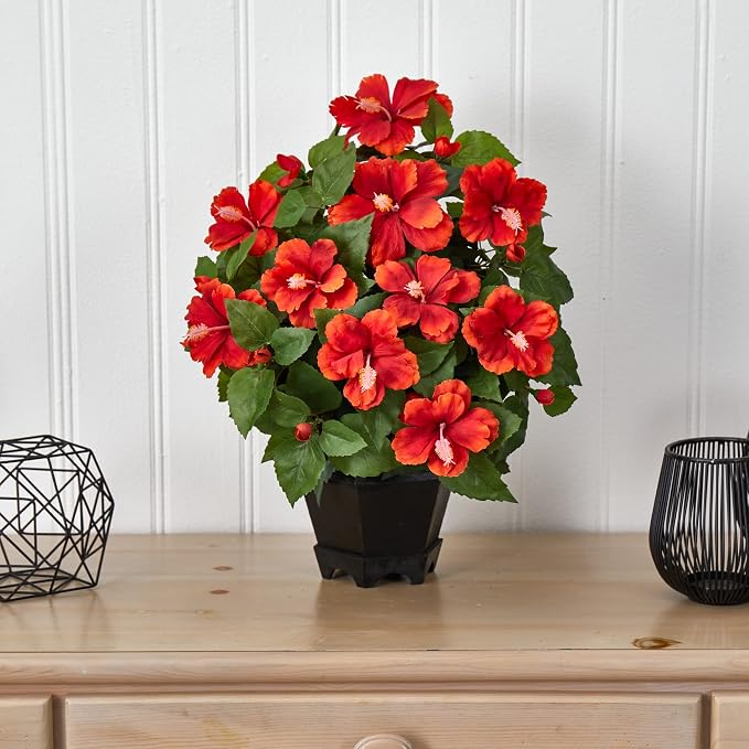 Nearly Natural Artificial Hibiscus with Hexagon Vase Flower Arrangement | Vibrant Multicolor Accents, Maintenance-Free, Black Hexagon Vase Included, Perfect for Home or Office Tabletop Decor