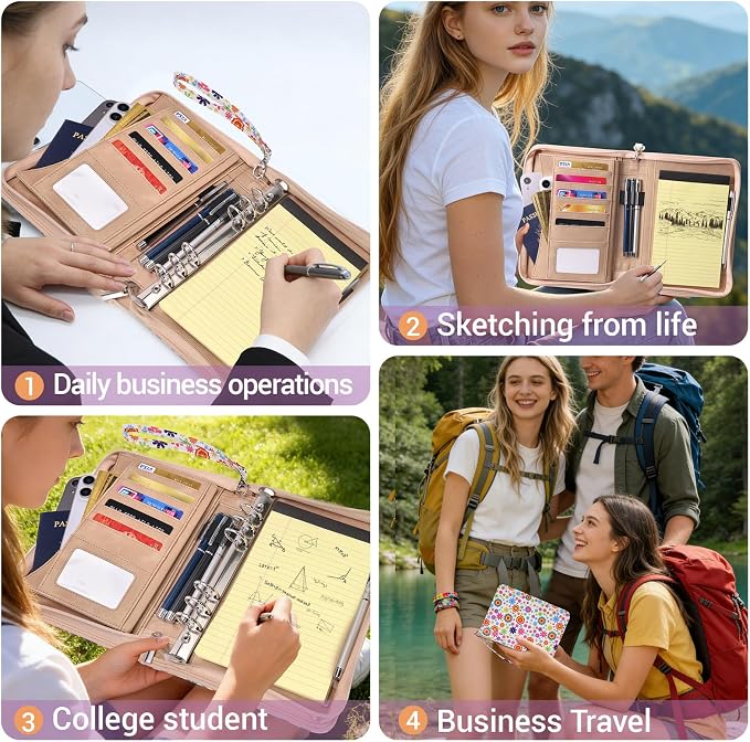 A5 Binder 6 Ring with Zipper, Portable Planner for Travel & Study | Faux leather A5 planner with detachable 6 rings, lined pages, pouches, card slots and pen holder for daily use.