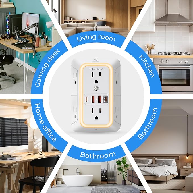 Surge Protector Outlet Extender, 6 Outlets & 4 USB Ports with Fast Charging Type C PD 20W, Night Light, 3-Sided Power Strip, Multi Plug Wall Charger for Home, Office, Travel, Cruise Ship