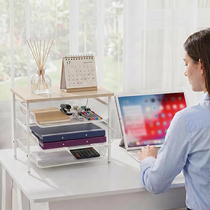 4-Tier Printer Stand for Desk with Storage Drawer Wooden Top Printer Shelf Metal Desktop Organizer Paper Organizer Printer Table for Home Office Accessories White