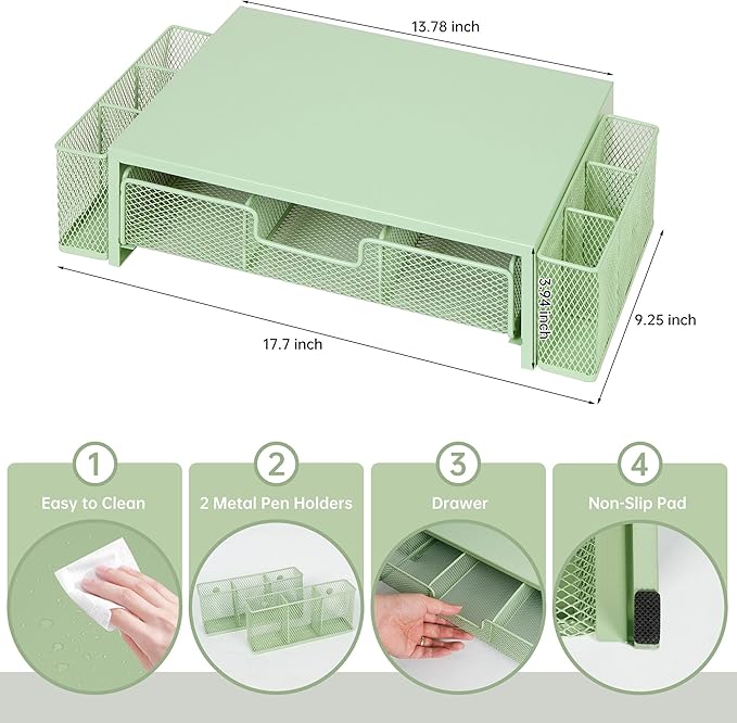 Qupui Computer Monitor Stand Riser with Drawer and Pen Holders, Desk Organizer Shelf and Accessories, Office Desk Accessories, Office Organization, Green