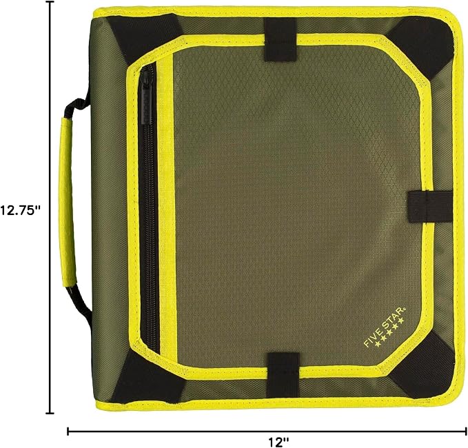Five Star Zipper Binder, 2 Inch 3-Ring Binder with Round Rings, Expansion Panel and 5-Tab Expanding File, 580 Sheet Capacity, Olive/Citrus (290520C)