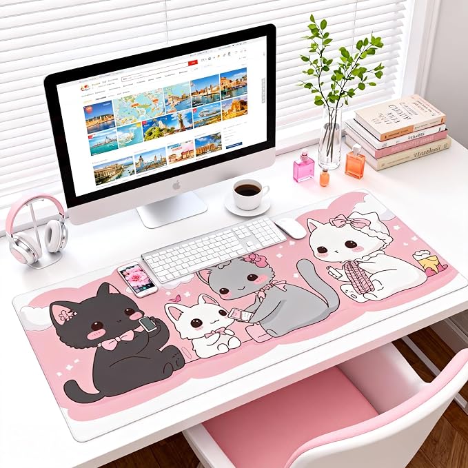 Cute Anime Cats Gaming Mouse Pad, Pink Kawaii Desk Mat with Anti-Slip Base & Stitched Edges,35.4" x 15.7" in Desk Accessories for Women, Home Office Decor & Artistic Gift