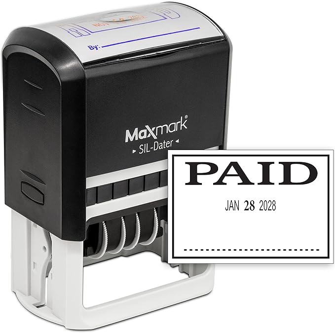 MaxMark Large Self-Inking Rubber Date Office Stamp with Paid Phrase & Date - Black Ink, 12-Year Band - Style 3