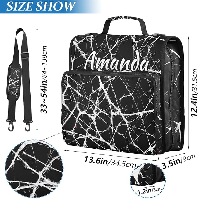 Custom 3 Ring Zipper Binder Black Marble White Pattern Personalized Name 1.5 inch Binders Large Capacity Multi Pockets for School Office Supplies