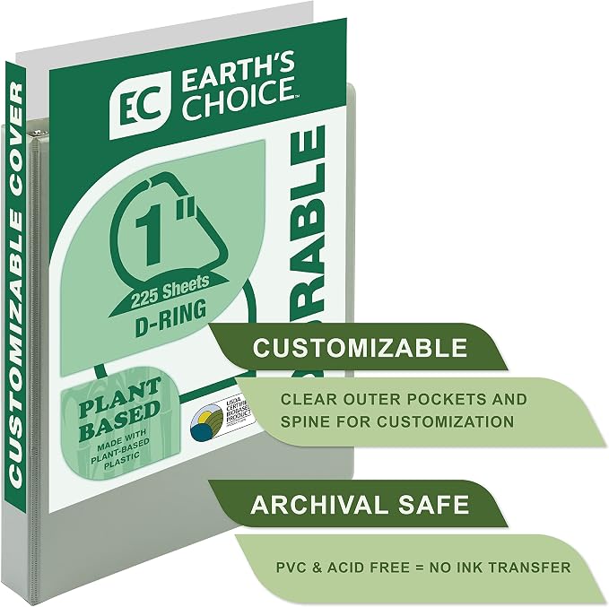 Samsill Plant Based Durable D-Ring Binders – 0.5 Inch 3 Ring Binder with 125 Sheet Capacity, Eco Friendly School and Office Supplies (Single, Sage)
