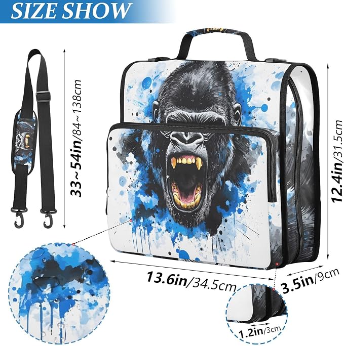 3 Ring Zipper Binder with Shoulder Strap King Kong Blue Face 1.5 inch Binders Keeper Large Capacity Multi Pockets for School Office Supplies