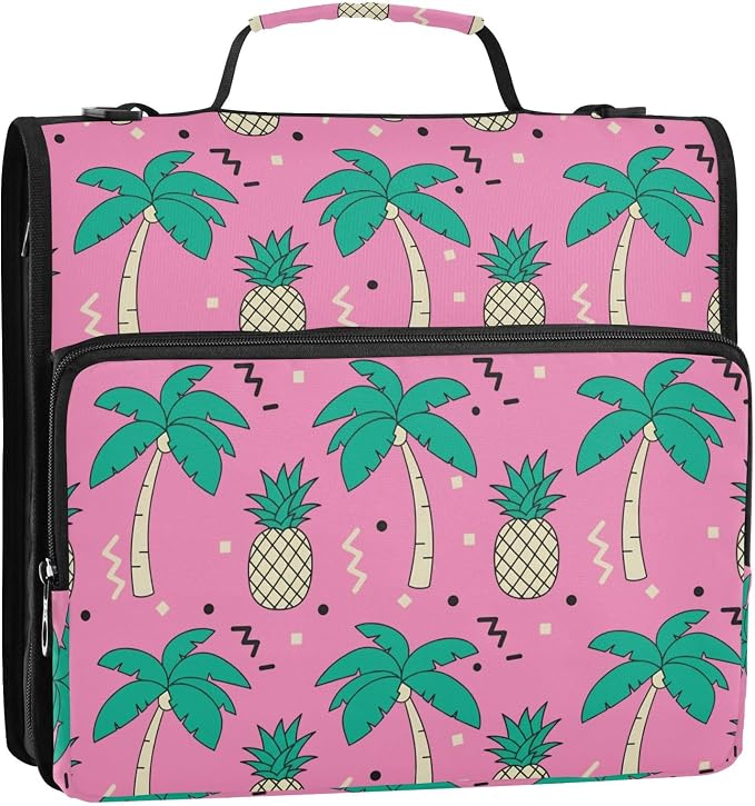 Pineapple Palm Tree Pink 3 Ring Binder Bag 1.5 inch Binder Organizer with Zipper Shoulder Strap 500 Sheet Documents Storage for School Office