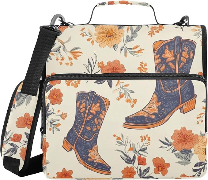 Fisyme Retro Cowgirl Boots Western Zipper Binder 3 Ring with Zipper and Shoulder Strap Large Capacity Multi-Pocket Binder Organizer