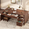 IDEALHOUSE Farmhouse Executive Desk 60 Inch, Wooden Home Office Desk with Adjustable Storage Cabinet, Built-in Charging Port, File Cabinet for Writing & Study, Elegant Workstation, Retro Brown
