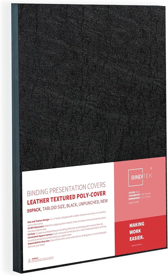 Binditek 16 Mil Leather-Textured Polycovers, 11x17 Inches, Black, 20 Pack | Leather-Textured Binding Covers, 11"x17" Ledger/Tabloid Size, Plastic Binding Presentation Covers, Square Corners, Unpunched