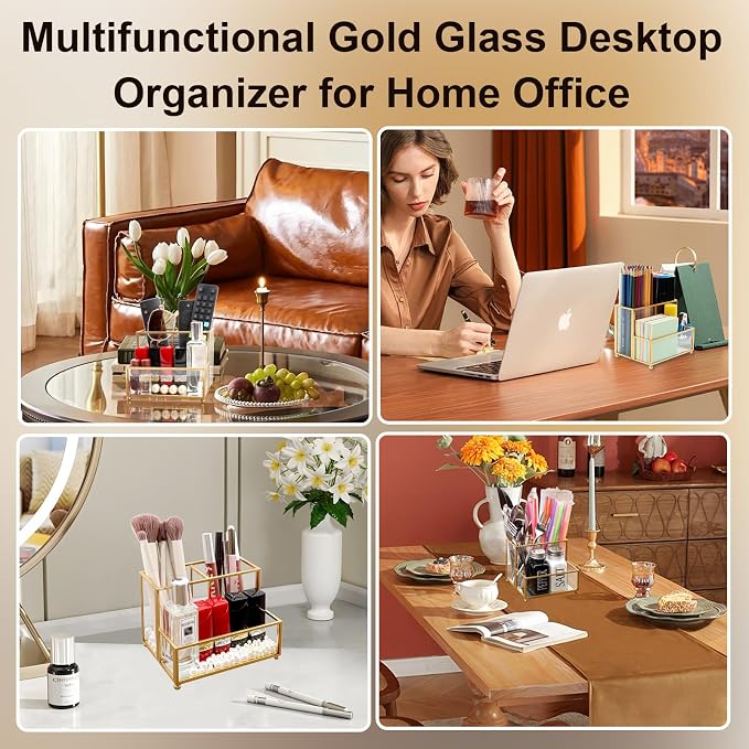 Glass Pen Holder for Desk,Gold Pencil Holder with 3 Compartments,Small Desk Organizer for Pens/Pencils/Sticky Notes,Stylish Clear Pen Organizer for Home Office Desk