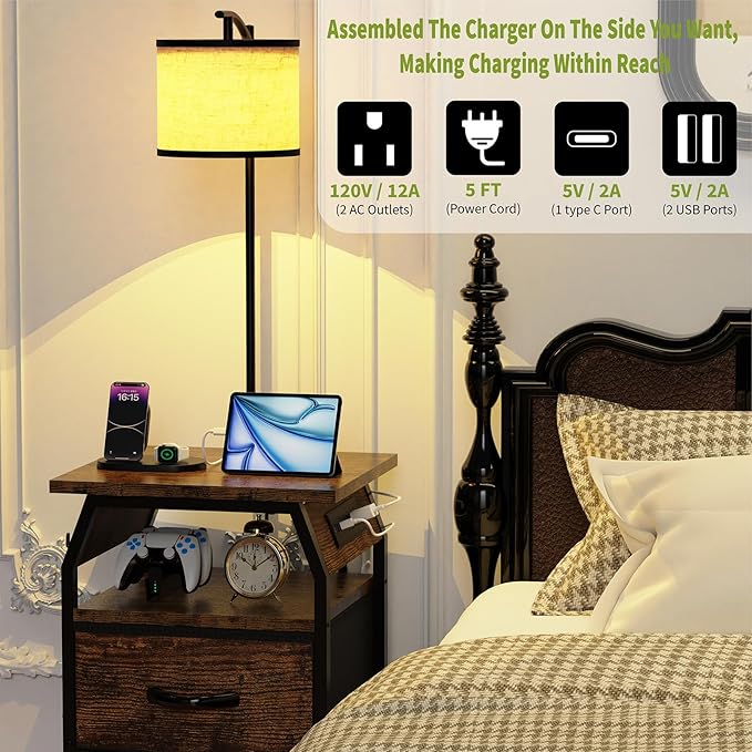 runjuly Floor Lamp with Table, End Tables with Lamps Attached 3-Color Temperature Bulb, Side Table with Lamp with 2 Drawers & Charging, Lamps Tables Combo for Bedroom, Dorm, Apartment - Rustic Brown