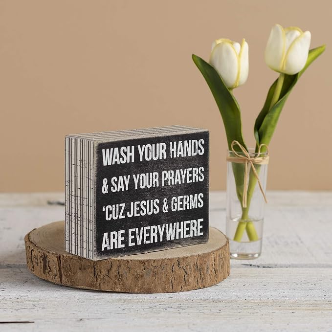 Primitives by Kathy Pinstripe Trimmed Jesus & Germs Wooden Religious Sign, 4" x 5", Vintage, Black, Rectangular, Freestanding or Wall Mount