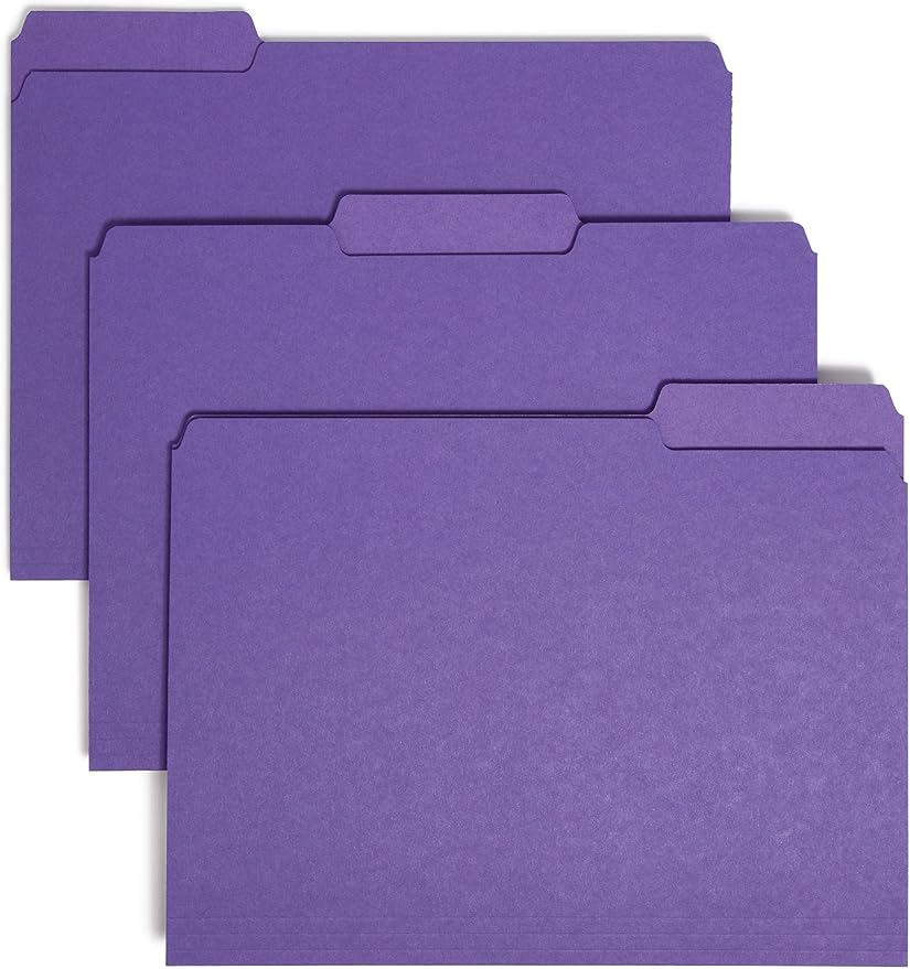 Smead Interior File Folder, 1/3-Cut Tab, Letter Size, Purple, 100 per Box, Expandable File Folders for Filing Cabinet