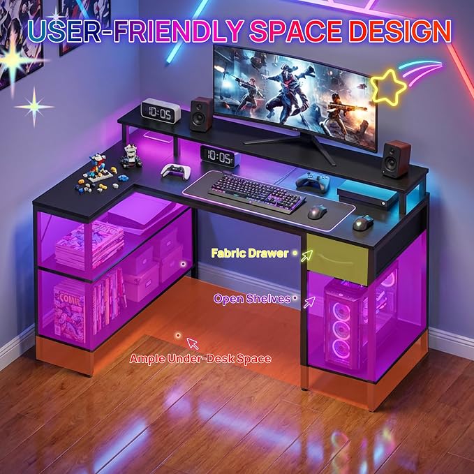 Alpen L Shaped Gaming Desk, 47 Inch Computer Desks with Drawers, Corner Desk Gaming Table with LED Lights & Power Outlets, Monitor Stand, Home Office Desk for Living Room, Bedroom, Black