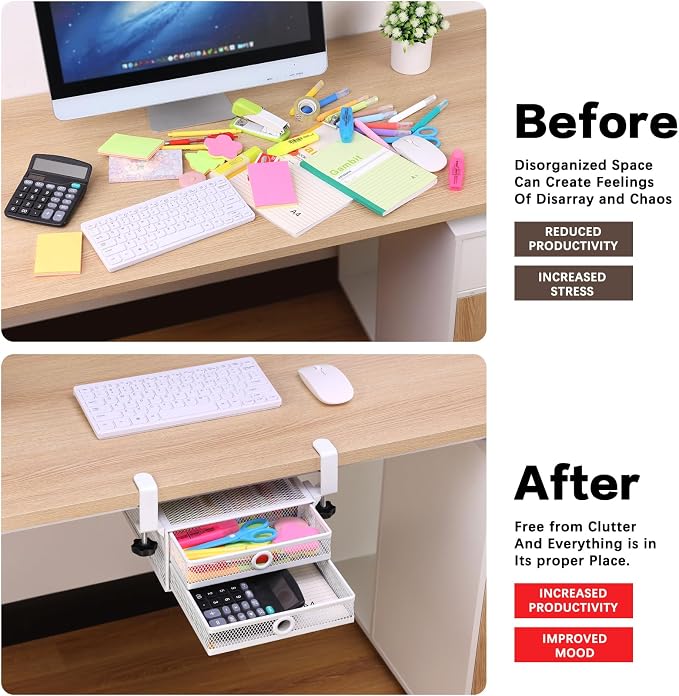 ROSYLINE Under Desk & Desktop Drawer Organizer, 2-Tier Big Capacity | Steel Construction, Clip-On No Drill Installation, Fits A4 Paper, for Office & Household Supplies