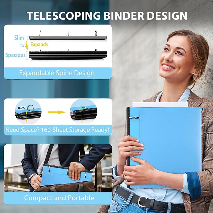 WOT I 12-Pack Telescoping 3 Ring Binder(0.75"), Expandable Flexible Binder - Patented Design for Easy Portability, Holds 8.5"x11" Paper, 4 Bright Colors, Perfect for School, Office&Home Organization