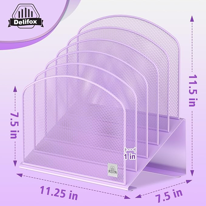Delifox Inclined Desk File Organizer,Vertical File Folder Holder Stand Metal Rack File Sorter for Office Classroom Desktop Organization (2, Purple, 5)