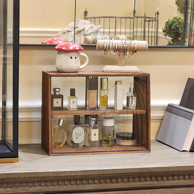 MOOCA Wood Glass Display Case with Double Doors, 2-Level Shelf, Brown | Brown wood-and-glass case with double doors and adjustable 2-level shelves displays collectibles, jewelry, or pastries.