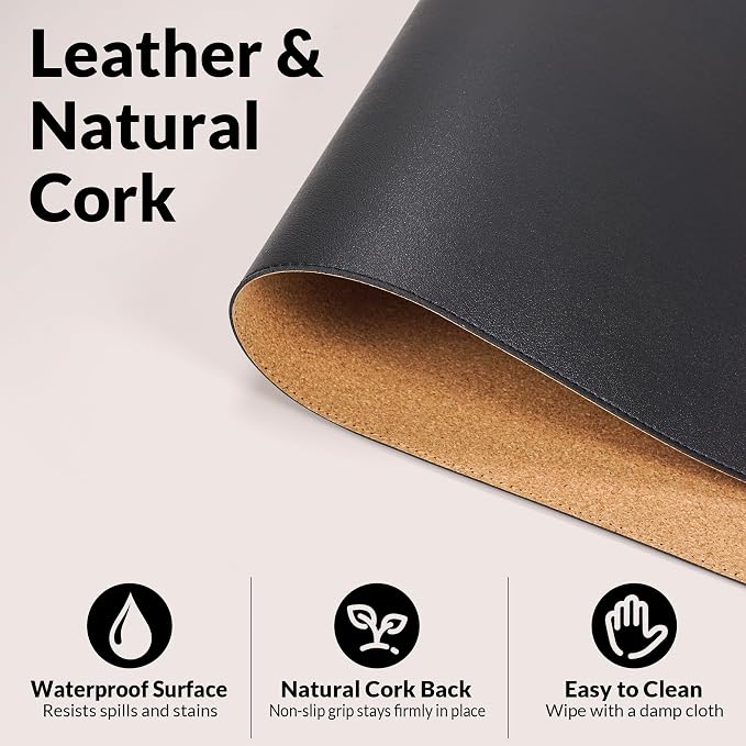 AFIING Desk Mat, Black, 31.5" x 17", Cork Desk Pad Protector | Dual-Sided Cork & PU Leather, Waterproof, Non-Slip for Mouse Pad, Office, Home & Writing