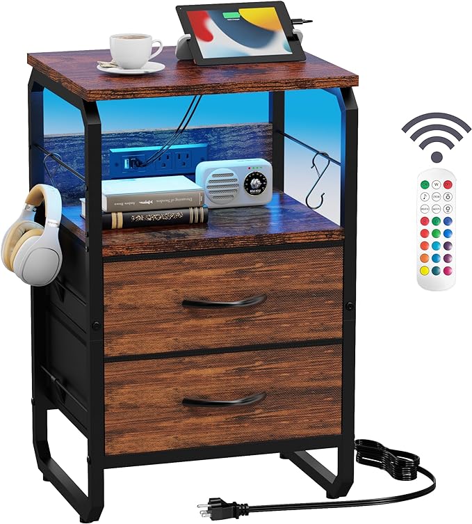runjuly Small End Table with LED Light, Charging Station, and Hooks, Brown | 2 Fabric Drawers Storage, Type C & USB Ports & Power Outlets, Industrial Wood, Metal Nightstand for Living Room / Bedroom