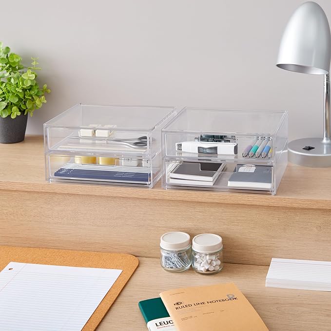 STORi Stackable Desk Drawer Organizer, Clear Pen Pencil Makeup Brush Holder for Desktops and Vanities, 4 Wide Drawers (Made in USA)