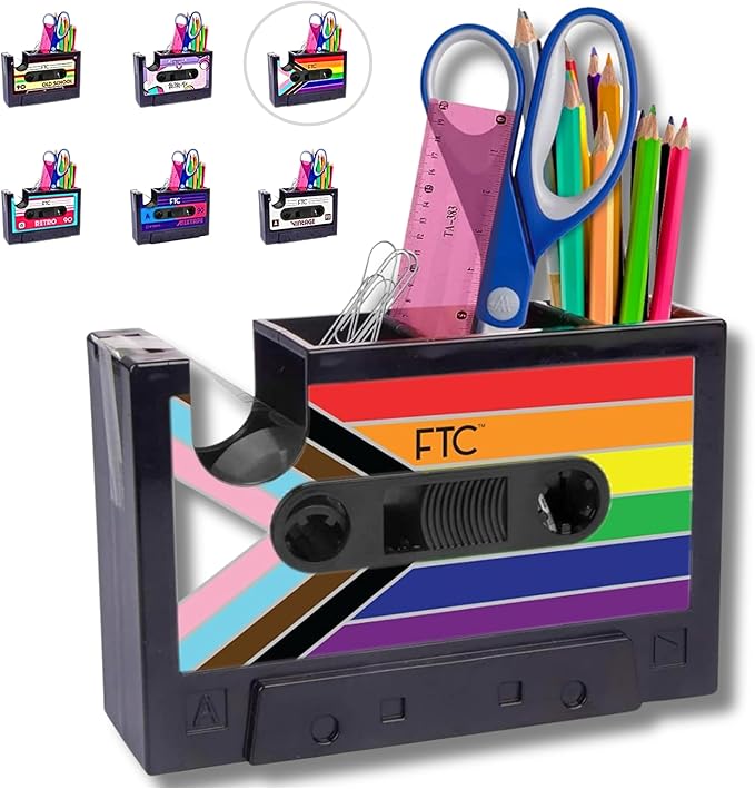 FTC Cassette Tape Dispenser, Retro Desk Organizer & Pen Holder – Fun Novelty Office Supplies for Home or Office 6.7” x 2” x 4.5” (Progress Pride Flag)