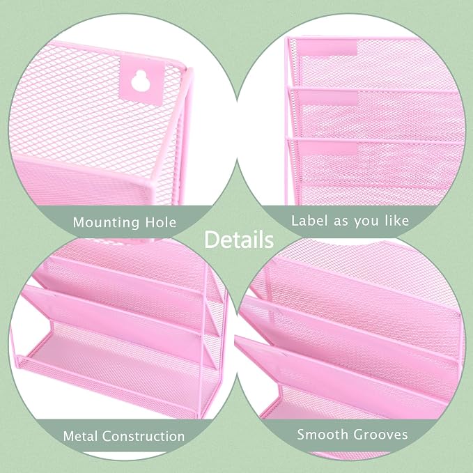3 Pockets Mesh Wall File Holder Organizer with Bottom Flat Tray, Office Hanging File Folder Magazine Rack, Nametag Label Hooks Set Included, Pink