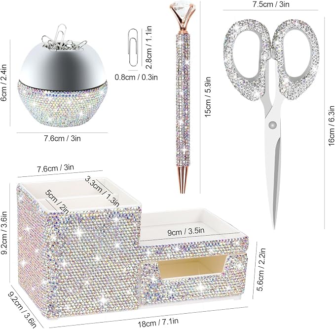 MultiBey Bling Silver Rhinestone Desk Accessories Set, 4 Pcs | Crystal Office Stationery Kit with Drawer Organizer, Paper Clip Holder, Scissors & Diamond Pen Desktop Decor & Gift for Women