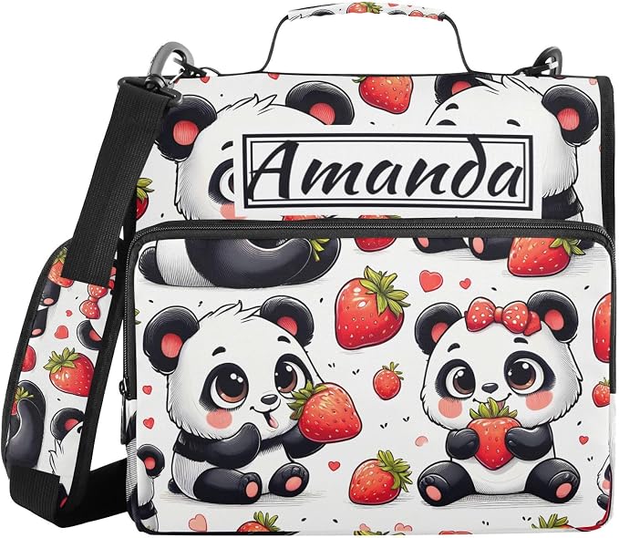 Custom 3 Ring Zipper Binder Panda Red Strawberry Personalized Name 1.5 inch Binders Large Capacity Multi Pockets for School Office Supplies