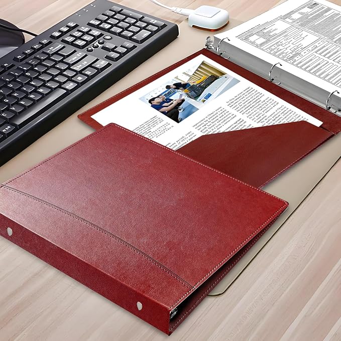 Vintage Faux Leather 3-Ring Binder, 2-Inch Spine, Round Ring, Fits Letter Size 8.5" x 11" Paper, Built-in Interior Pockets, Professional Document Binder (Red, 2 Inch)