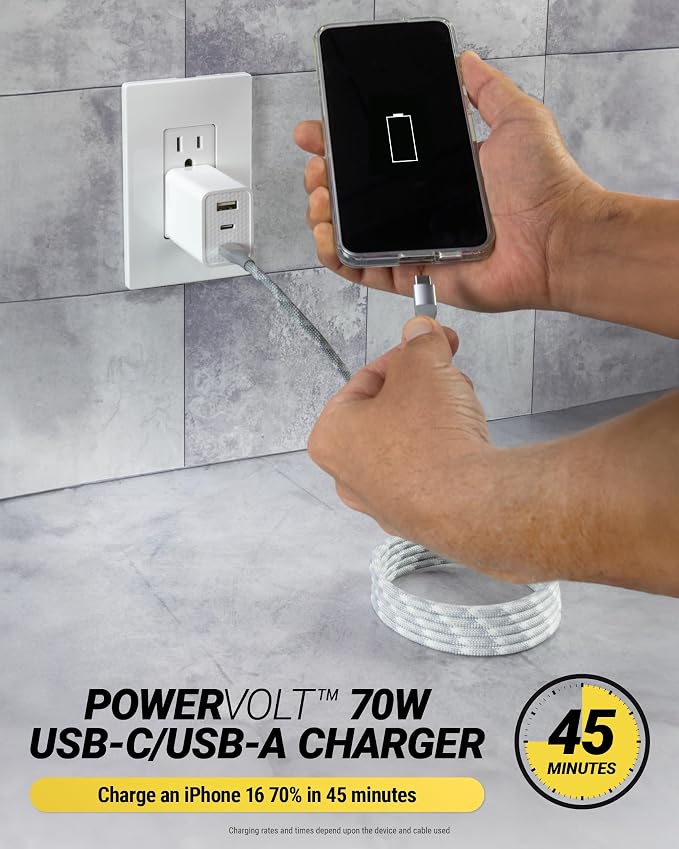Scosche PowerVolt 70W Fast Charging Compact 3-Port Wall Charger Block, Dual USB-C & USB-A GaN Power Delivery Adapter with Foldable Plug for iPhone 16/15 Pro, iPad, MacBook Air, Galaxy S25/S24 & More