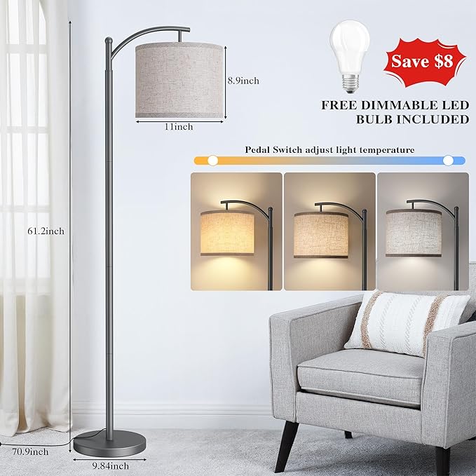 Floor Lamp for Living Room with 3 Color Temperatures LED Bulb, Standing Lamp Tall Industrial Floor Lamp Reading for Bedroom, Office (9W LED Bulb, Beige Lampshade Included) -Grey