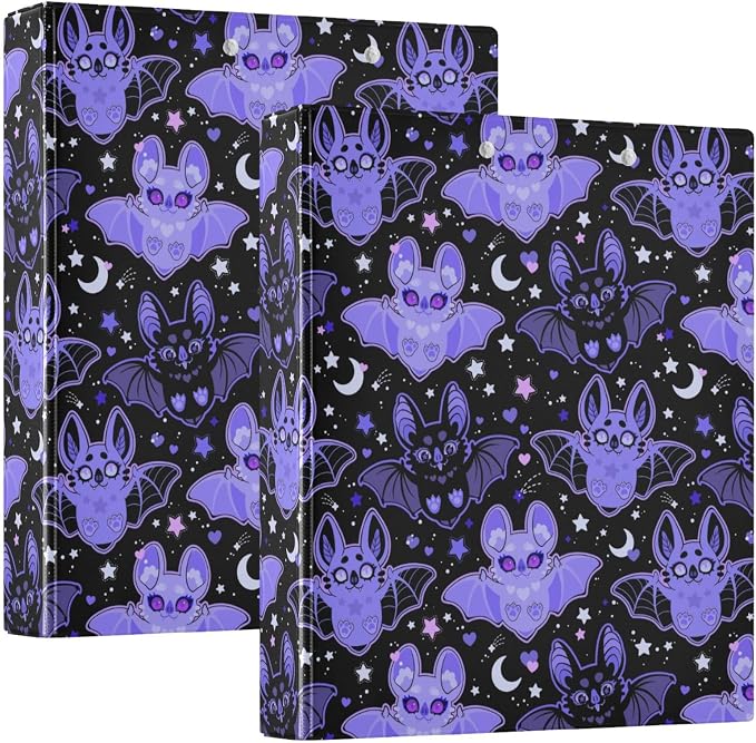 Cute Black Purple Moon Bat Binder 1.5 Inch Binder with Clipboard&Pockets, Cartoon Goth Bats Hardcover Binders 3 Ring Heavy Duty Large File Folder for Office School Supplies - Holds 200 Sheets