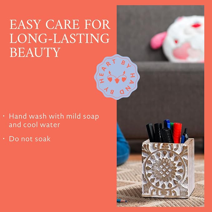 Ajenta Mango Wood Pen Holder - Whitewash | Hand-carved desk organizer pencil cup with felt base, handles pens, pencils, makeup brushes, art supplies and library decor.