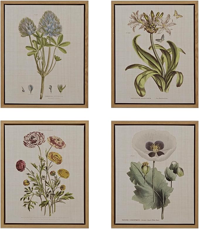 Madison Park Botanical Wall Art Living Room Decor - Vintage Floral Linen Canvas Framed Wall Art Farmhouse Lifestyle Home Office Wall Decor, Ready to Hang Painting for Bedroom, Herbal, Green 4 Piece
