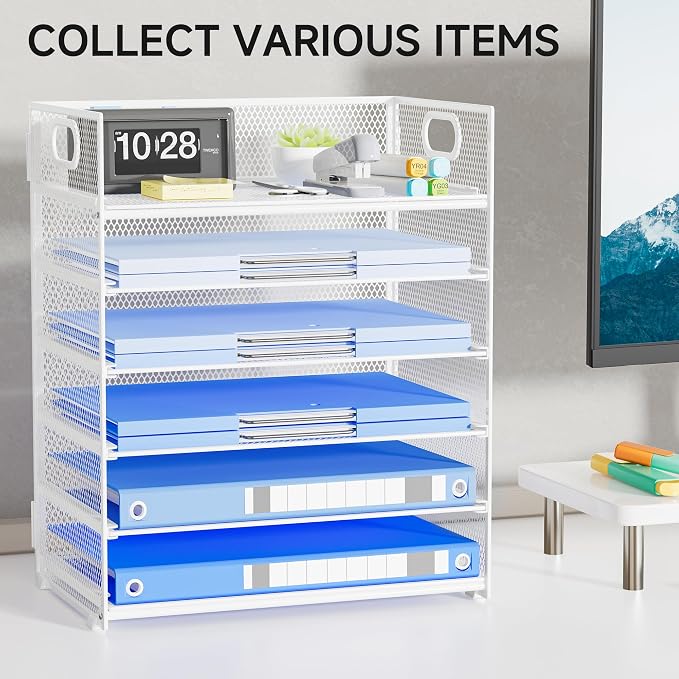 Paper Organizer for Desk with Handle, 6-Tier | Metal Mesh File Organizer, Stackable Letter Tray for Office Documents & Stationery Storage