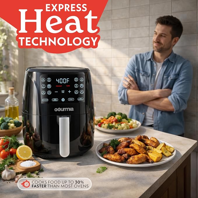 Gourmia Air Fryer - 6 Qt Large Capacity, FryForce 360º, Digital Display with 12 Presets, Roast, Bake, Broil, Dehydrate, Dishwasher Safe Accessories, Black