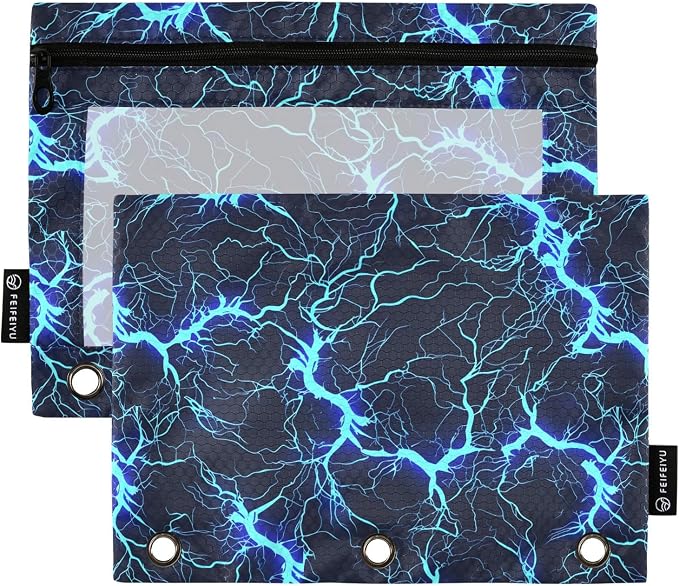 Dark Blue Electric Lightning Pencil Pouch for 3 Ring Binder, 2 Pack Waterproof Pencil Bags Clear Window Zipper School Office Supplies
