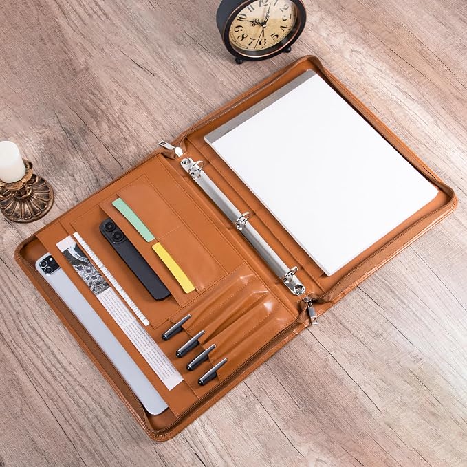 Brown Vegan Leather Binder Portfolio for Women and Men,3 Ring Padfolio Binder with Zipper, A4 Planner Folder with Laptop Pocket,Legal Size Portfolio,Work File Organizer for Women(Brown)