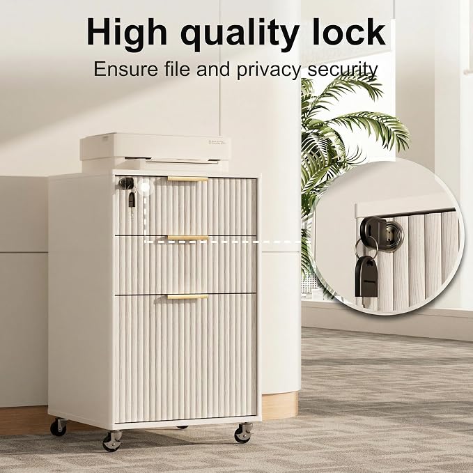 3 Drawers Fluted Mobile File Cabinet with Lock, Rolling File Cabinet Printer Stand Table, Under Desk Wooden Filing Cabinets for Home Office Essentials Storage Organization Furniture Letters/A4(White)