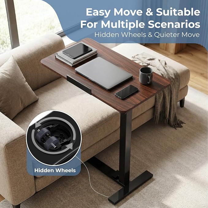 DUMOS Rolling Desk, Laptop Desk, Overbed Table with Wheels | Mobile Overbed Bedside, Portable Computer Workstation, Bed Sofa Couch, Adjustable Height, Chocolate