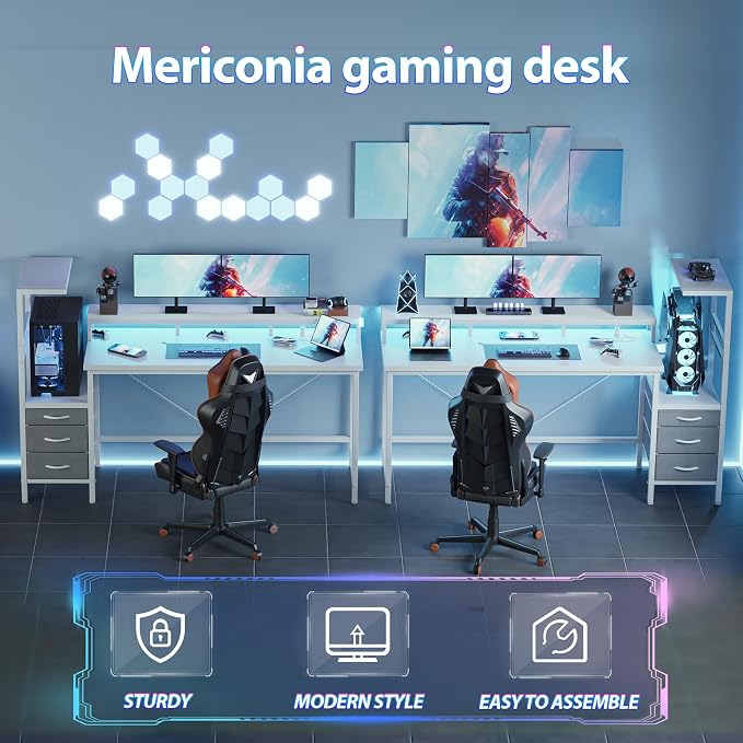 52 inch Gaming Desk with Drawers, Reversible Computer Desk, White | Gamer Desk with LED Lights, Power Outlets & Monitor Stand, Large Office Table for Home Bedroom Study Work Writing