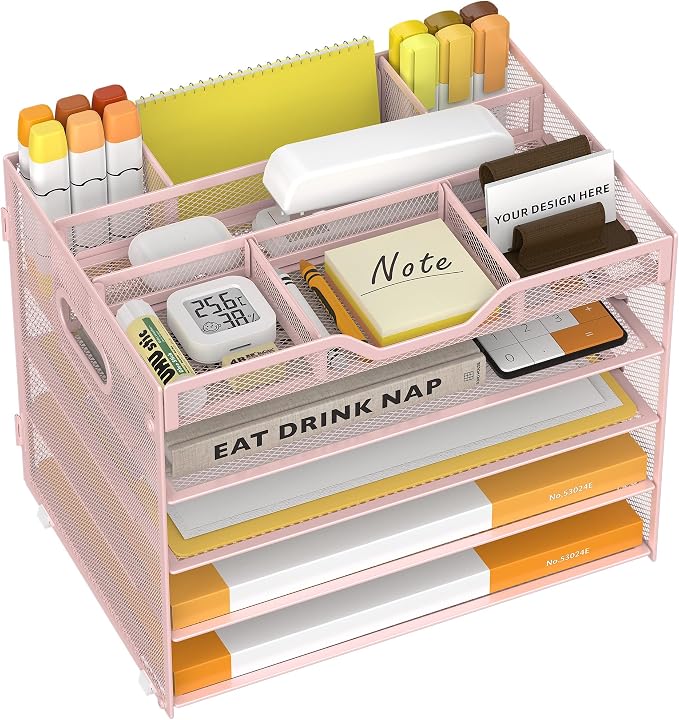 5 Tier Paper Letter Tray Desk Organizer with Pen Holders - Pink | Features 3 pen holders and 4 removable dividers.Versatile mesh desktop storage for mail, document,office supplie